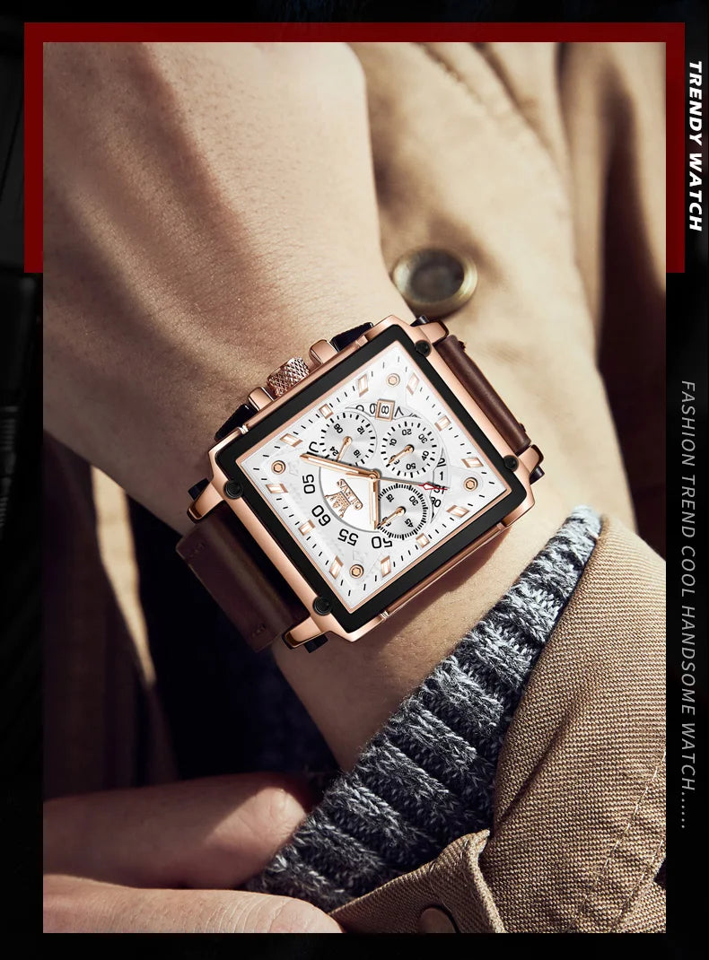 OLEVS Mens Watch Square Quartz Watch Multifunctional Business Watches For Man Waterproof Luminous Box Gift Leather Strap 9919