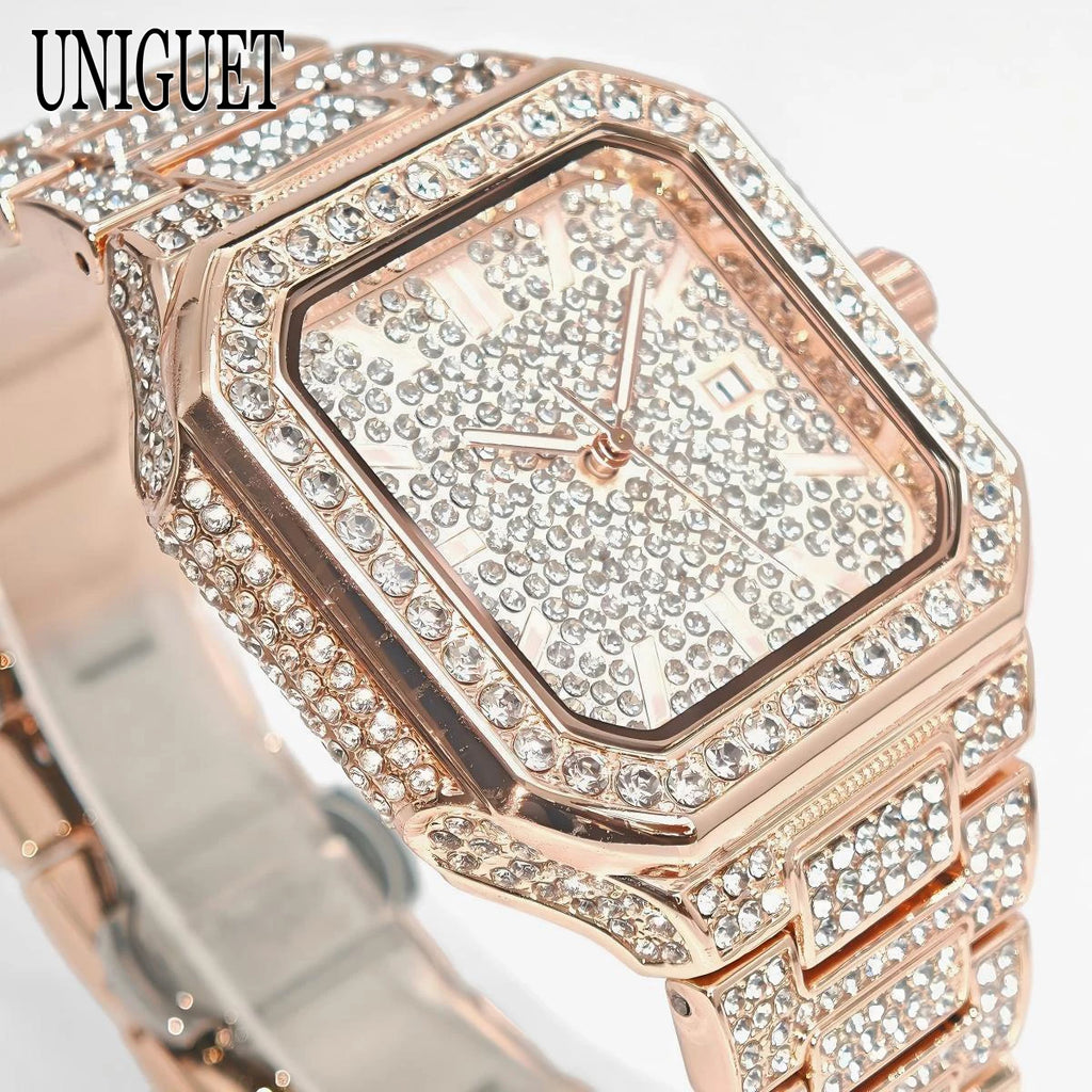2025 New Black Iced Watch For Men Brand UNIGUET Fashion Waterproof Quartz Watch Man Hip Hop Diamond Jewelry Square Wristwatch