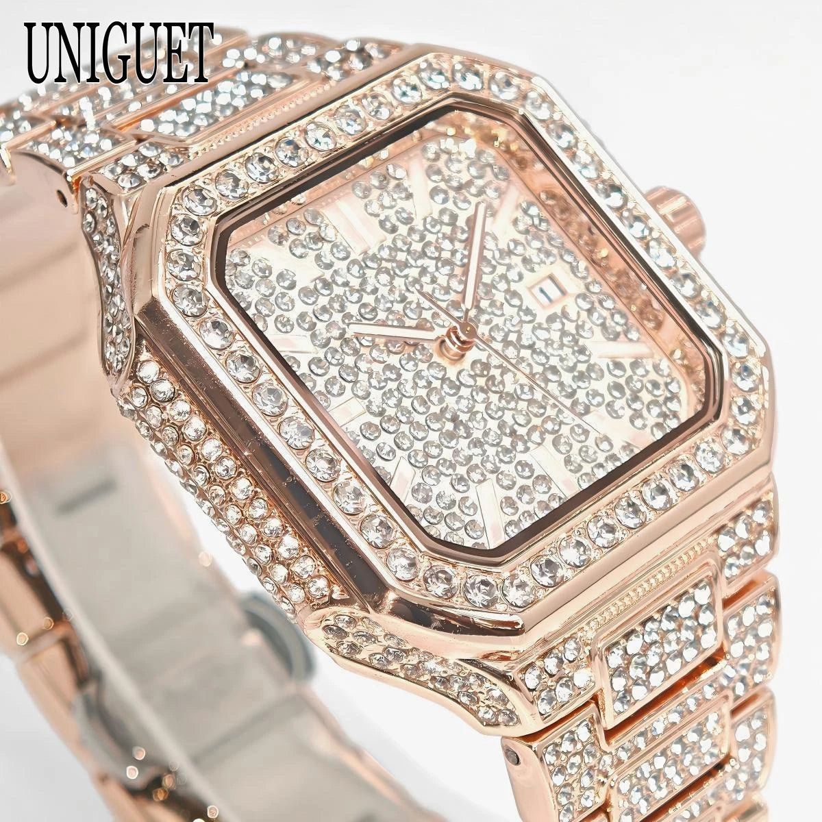 2025 New Black Iced Watch For Men Brand UNIGUET Fashion Waterproof Quartz Watch Man Hip Hop Diamond Jewelry Square Wristwatch