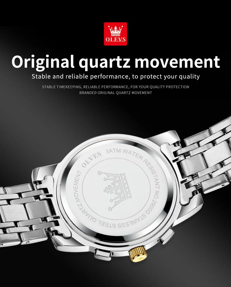 OLEVS 2900 Mens Watch Original Stainless Steel Watches For Men Calendar Moon Phase Quartz Watch Chronograph Freebie Reloj