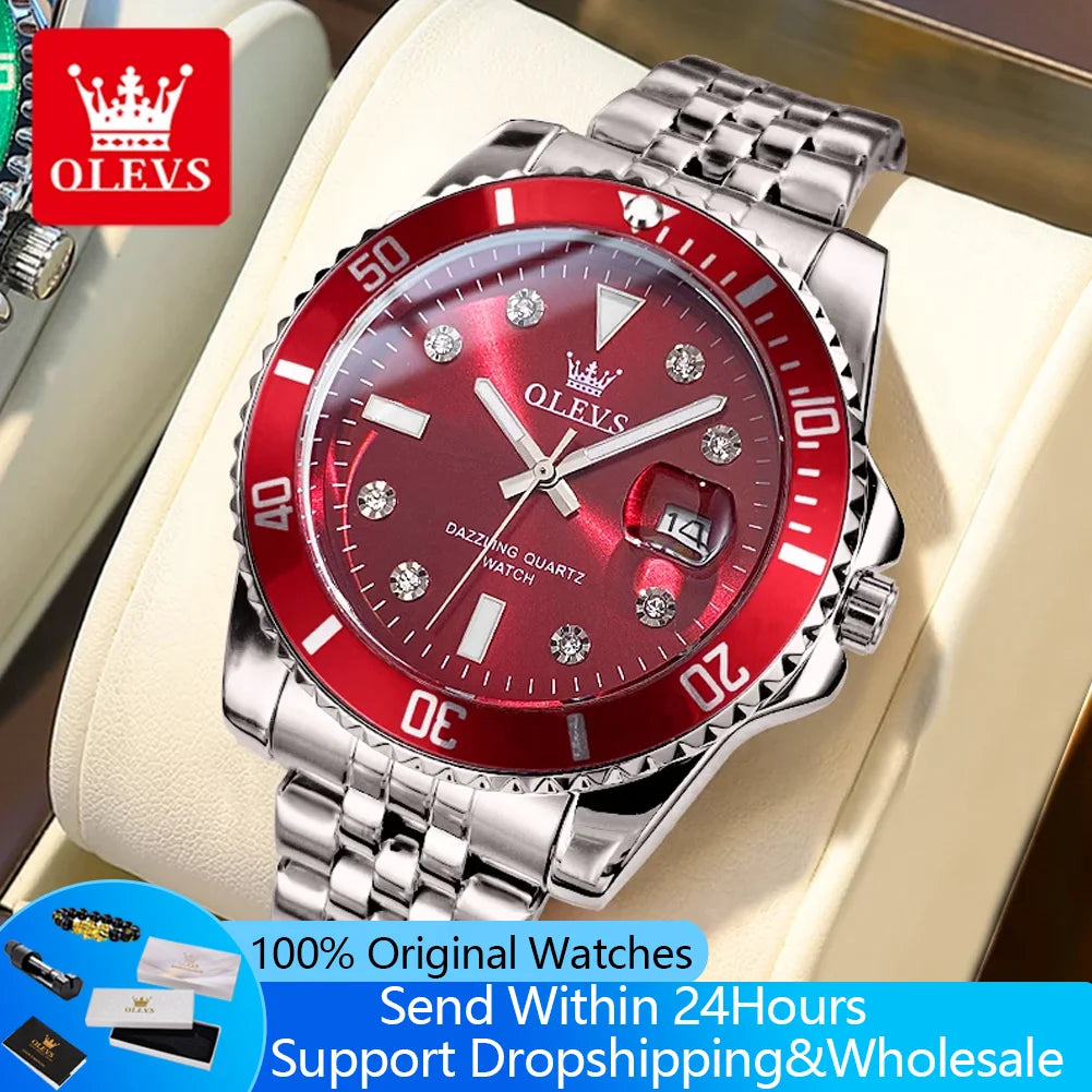 OLEVS 9809 Men Watch Original Waterproof Luminous Stainless Steel Quartz Watch For Men Top Brand Calendar Business Wristwatch