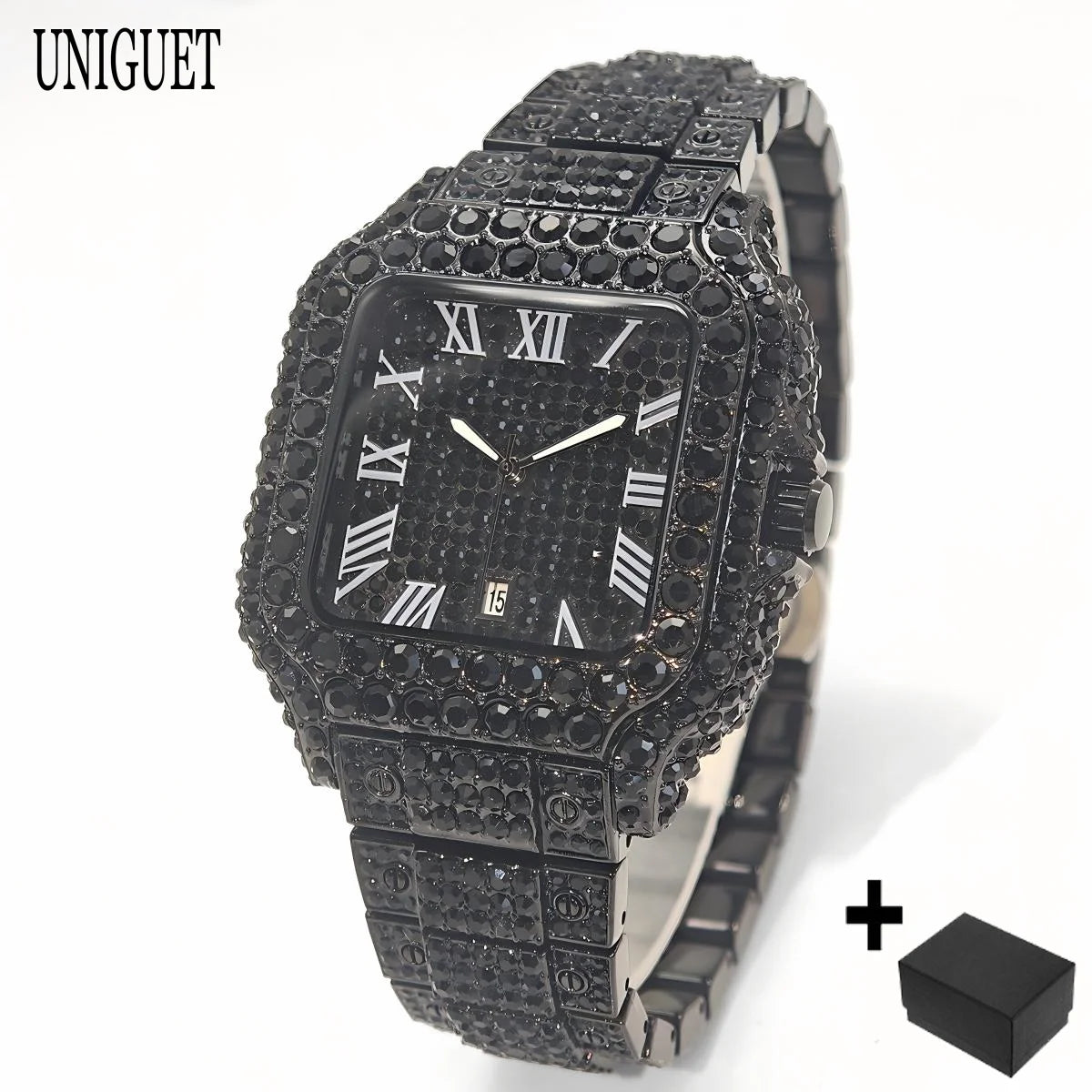 UNIGUET Cool Men's Watch Luxury Stainless Steel Quartz Watch Hip Hop Black Diamond Square Design Fashion Iced Wristwatch for Men