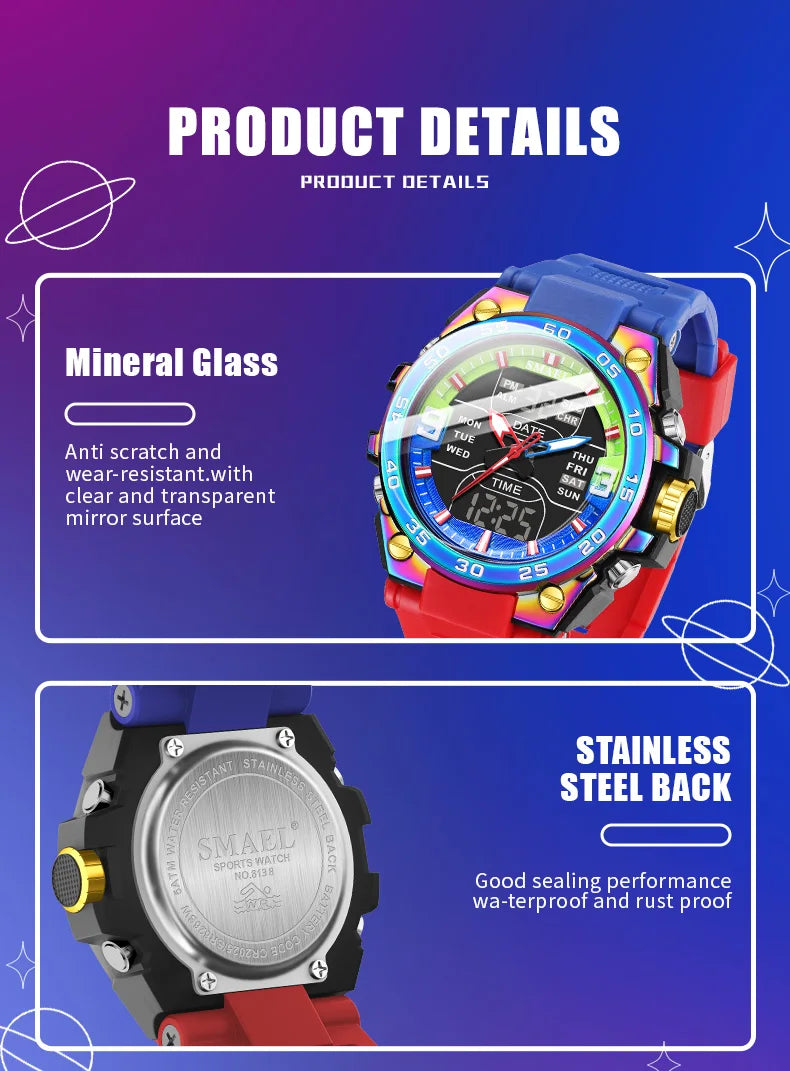 SMAEL Sports Watches 50M Waterproof Quatz Watches Mental Shockproof Men's Wristwatch Dual Time Alarm Clock  8138 Military Watch
