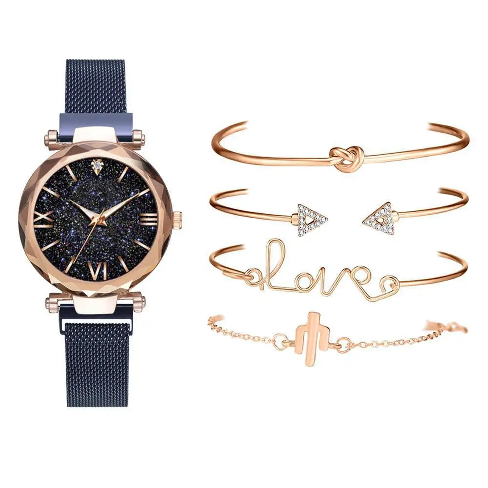 5pcs Set Womens Watches Set Ladies Fashion Watch Black Female New Simple Casual Womens Analog WristWatch Bracelet Gift No Box