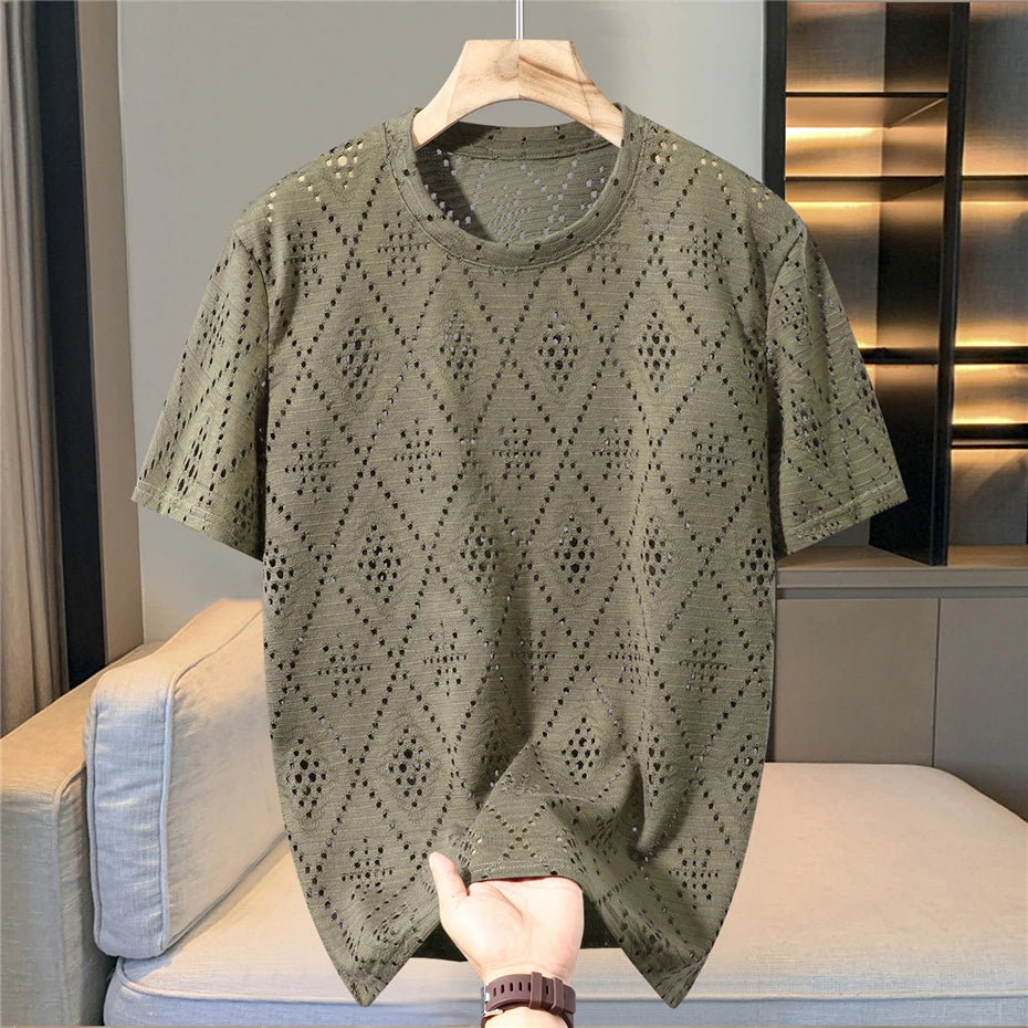 Summer Mesh Hollowed Out T-shirt Men 10XL Plus Size Summer Short Sleeve Tshirt Male Mesh Tops Tees Big Size 10XL