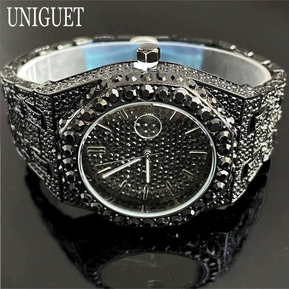 2025 New Luxury Brand UNIGUET Iced Watch For Men Fashion Hip Hop Diamond Waterproof Stainless Steel Wristwatch Male Dropshipping
