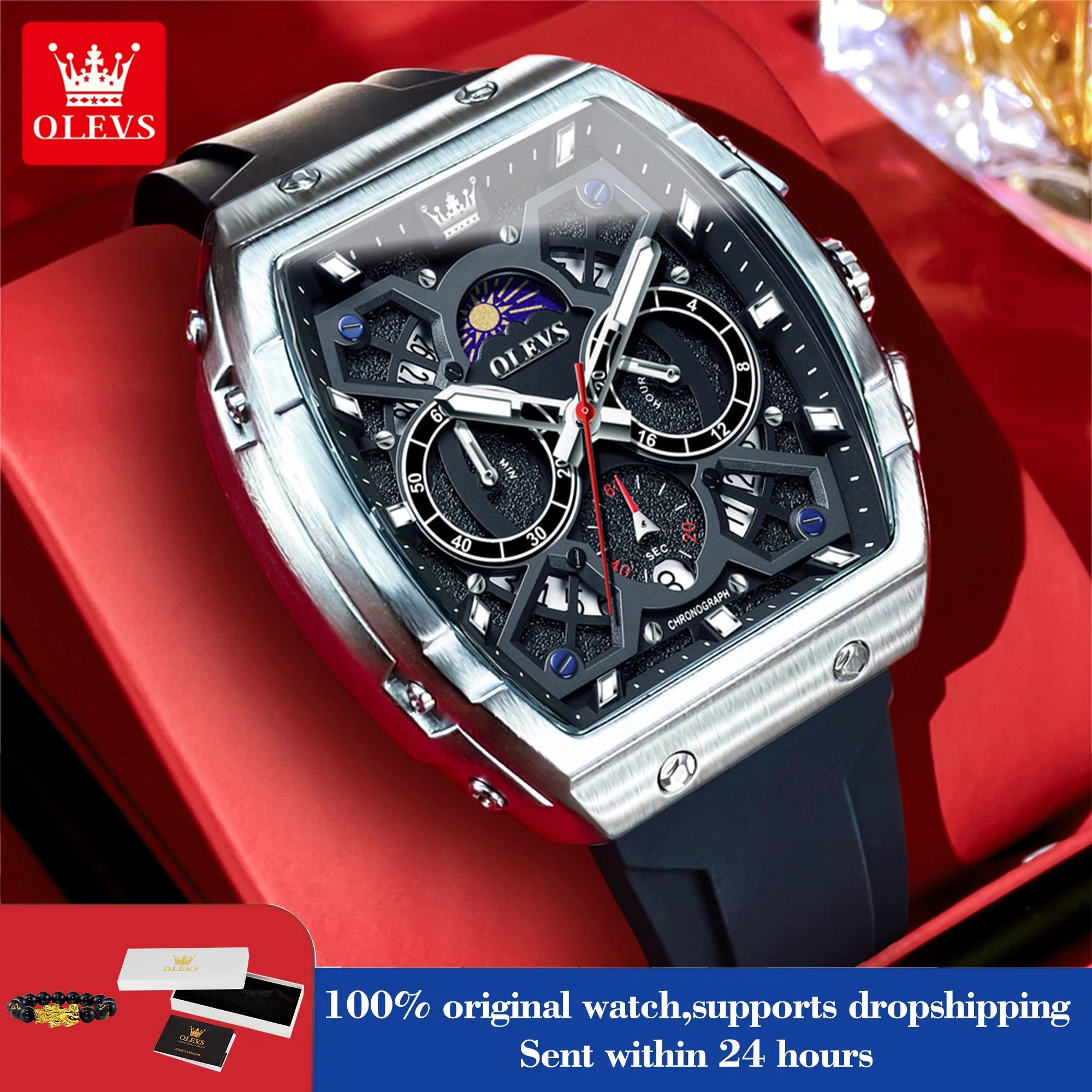 OLEVS 2942 Luxury Chronograph Quartz Watch For Men 44mm Big Dial Moon Phase Hand Clock Date Waterproof Original Fashion Watches