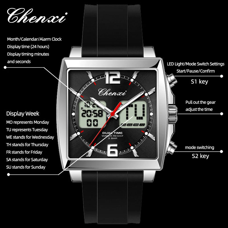 Fashion Casual Men Sports Watch Square Dial Dual Time CHENXI Watches Silicone Strap Waterproof Multifunction Wristwatch Male