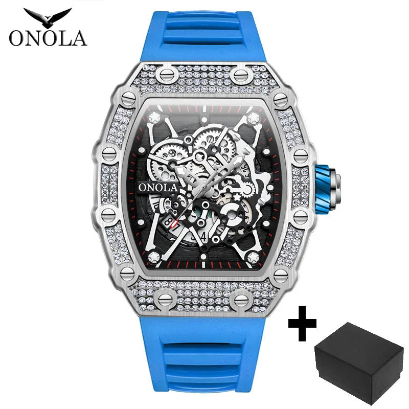 ONOLA Fashion Watch For Men Automatic Date Sports Silicone Strap Tonneau Clock Iced Diamond Quartz WristWatch Reloj Dropshipping