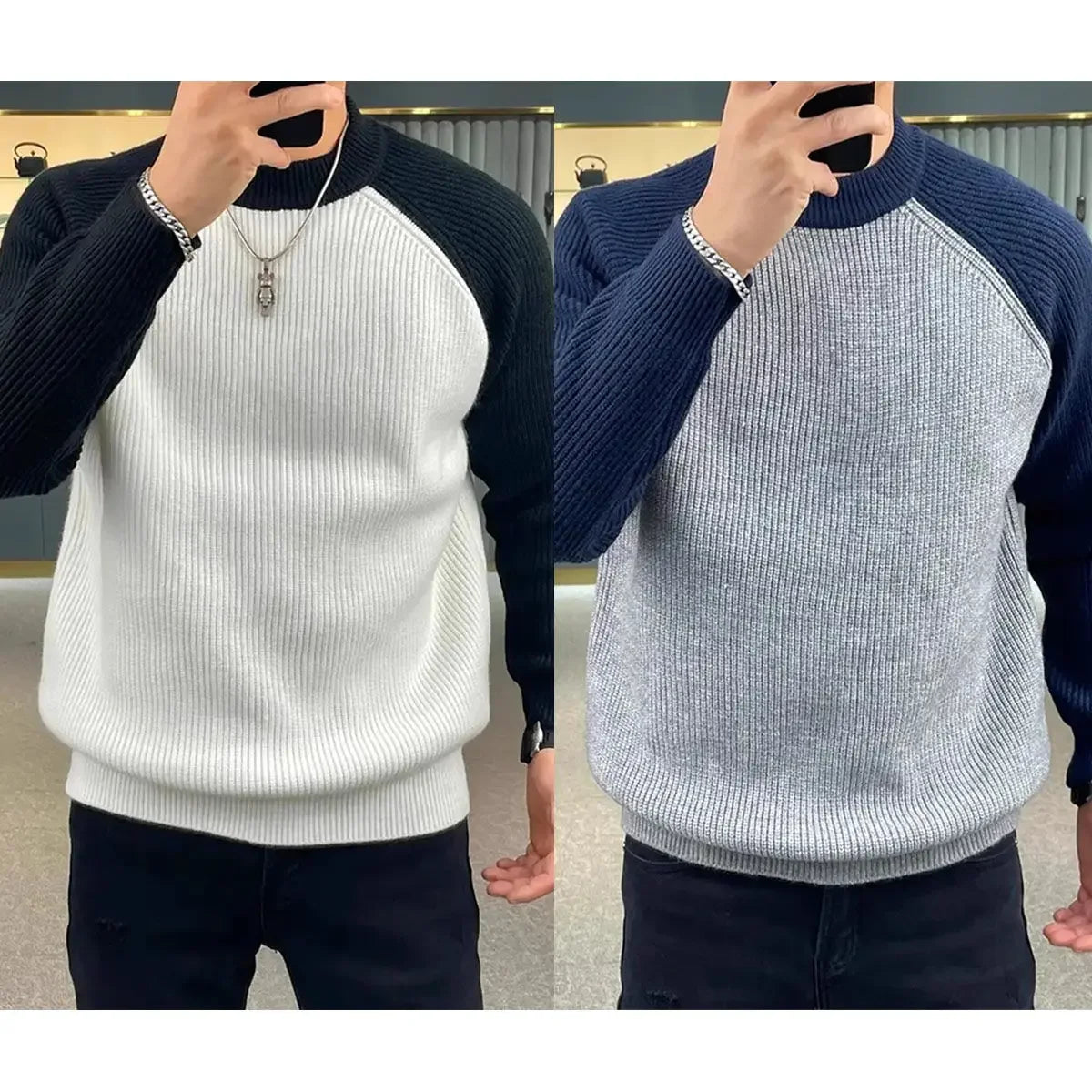 Autumn Winter Mens Sweaters Casual Warm Loose Fashion Patchwork Pullover Retro Harajuku Round Neck Knitted Bottoming Shirt