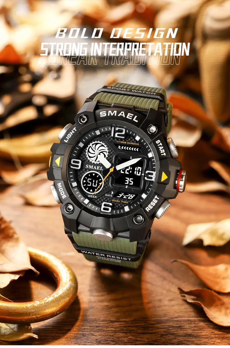 SMAEL Quartz Watch Sport 50M Waterproof Stopwatch Week Display LED Digital Alarm Clock Male 8055 Men Watches Sports Wristwatches