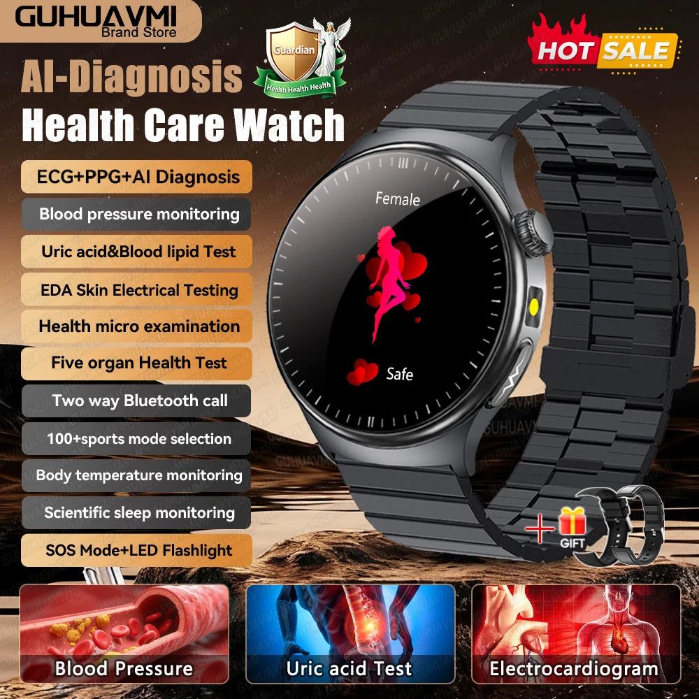 Newly Upgared Precise Health Diagnosis Smart Watch ECG Uric Acid Blood Pressure Micro Physical Examination Clock For Android iOS