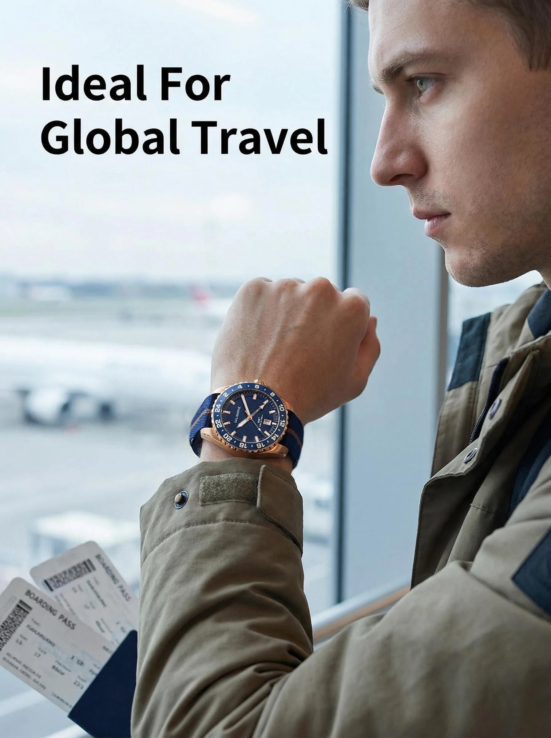 Top Quality Rose Gold Men's Luminous Casual Watch Fabric Strap GMT Quartz Wristwatch Stainless Steel Case 20 Bar Deep Waterproof