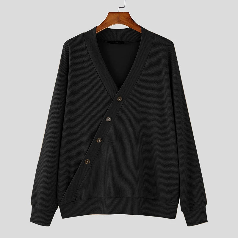 Autumn Stylish Men Tops INCERUN Hot Sale Texture Diagonal Sweater Casual Streetwear Solid V-neck Long Sleeved Sweater S-5XL 2024