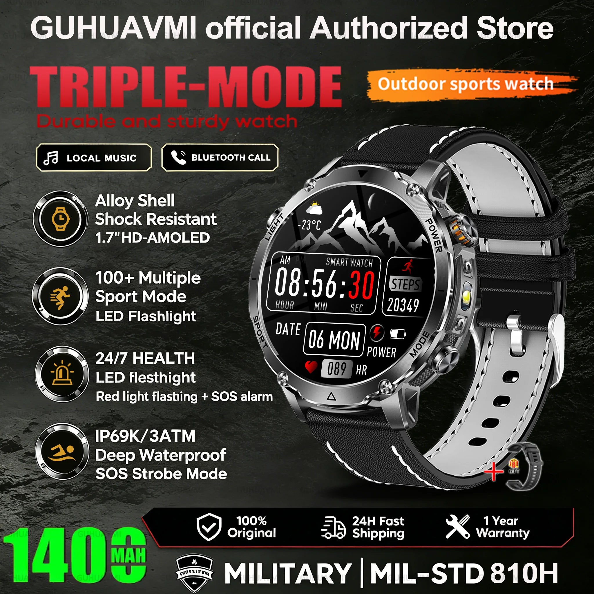 2026 New Smart Watch Bluetooth Call 1400mAh Large Battery Sport Heart Rate 1.7" Military Outdoor Men Smartwatch For Android IOS