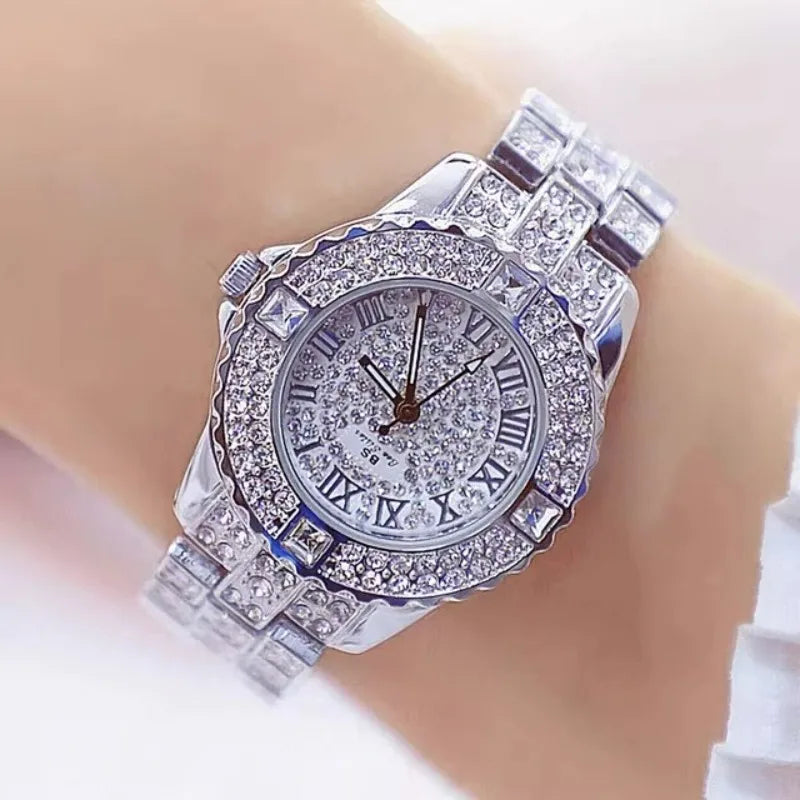 Fashion Luxury Rhinestone Watch Women Sparkling Quartz Timepiece with Stainless Steel Strap Wristwatch Roman Scale Quartz Watch