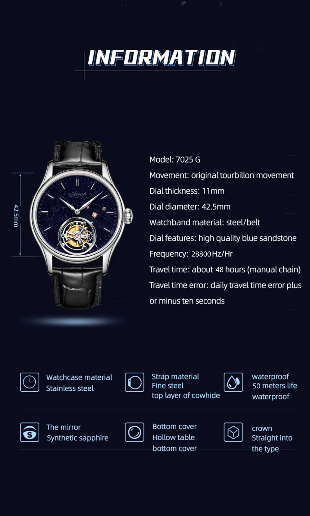 AESOP 7025 Flying Tourbillon Movement Watch Brand For Men Skeleton Mechanical Luxury Watches Wterproof Wristwatches Sapphire
