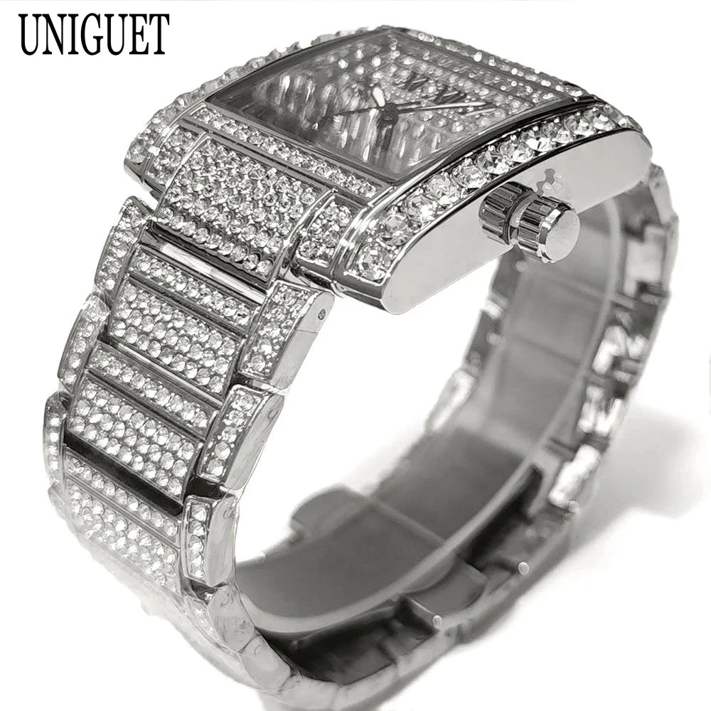 Luxury Brand Mens Silver Stainless Steel Quartz Watch Hip Hop Full Diamond Rectangle AAA Quality Fashion Wristwatch for Men 2025
