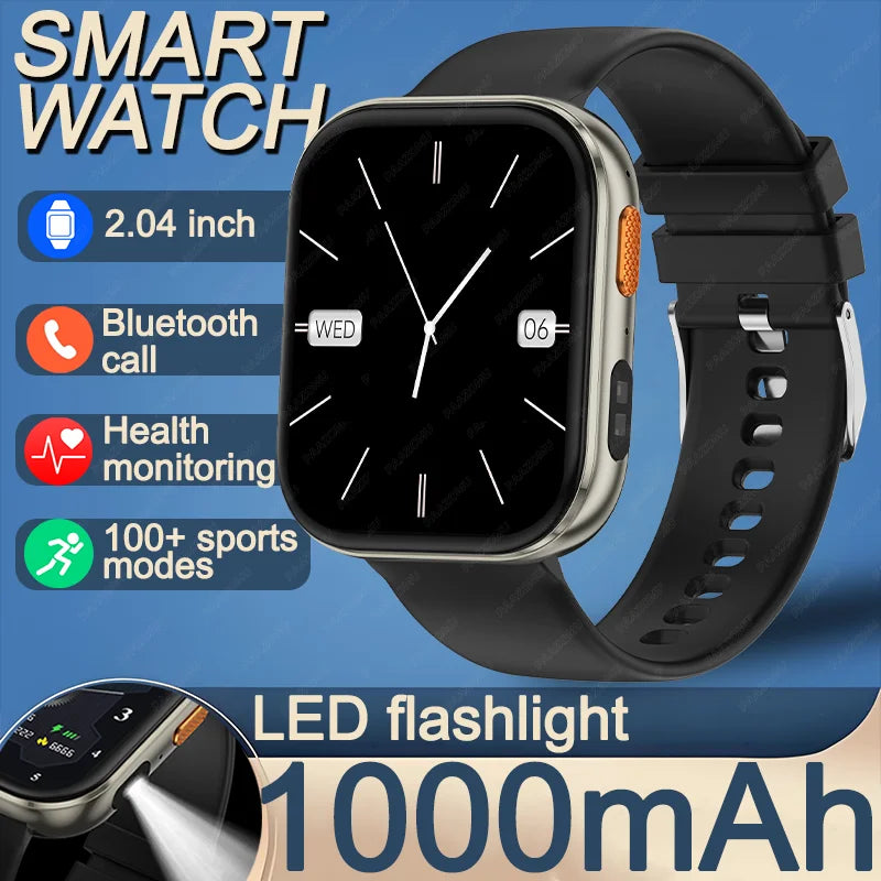 New 1000mAh Large Battery Smartwatch Men Women | 2.04"HD Screen BluetoothCall Heart Rate Monitor Flashlight Sports Fitness Watch