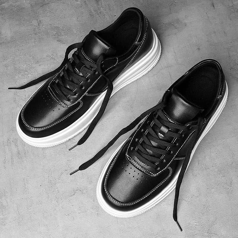 British Style Casual Leather Men's Vulcanized Shoes Fashion Low Top Thick Bottom Antiskid Sneakers Genuine Leather Board Shoes