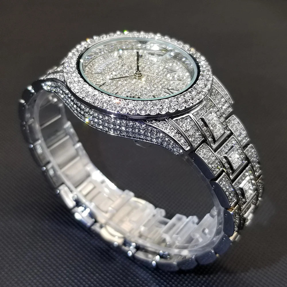 TikTok Hot Diamond Wristwatch For Men Luxury 18K Gold Plated Quartz Watches Day Date Nightclub Party Watch Unisex Rapper Jewelry