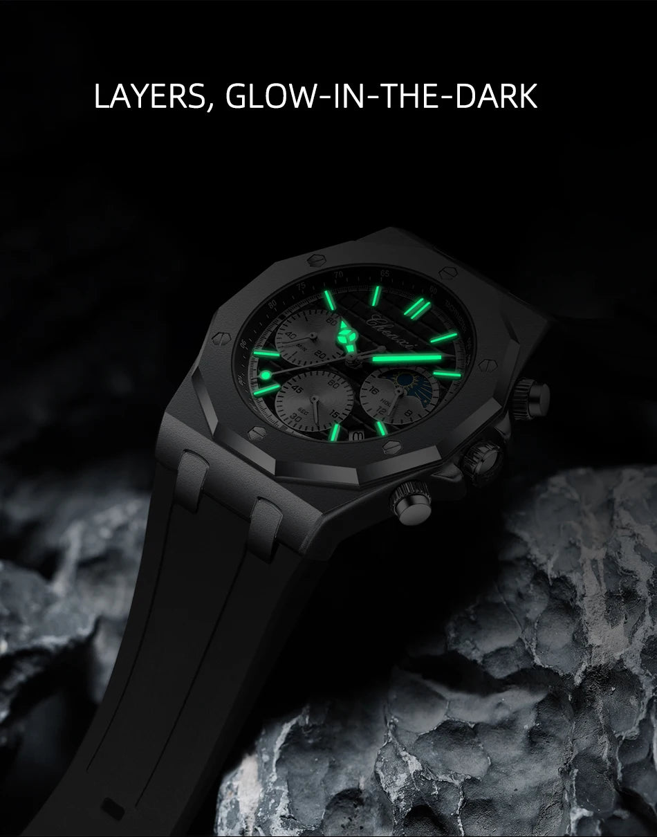 CHENXI Sports Multi-functional Silicone Man Watch Calendar Waterproof Quartz Men Watches Chronograph Moon Phase Men's Wristwatch