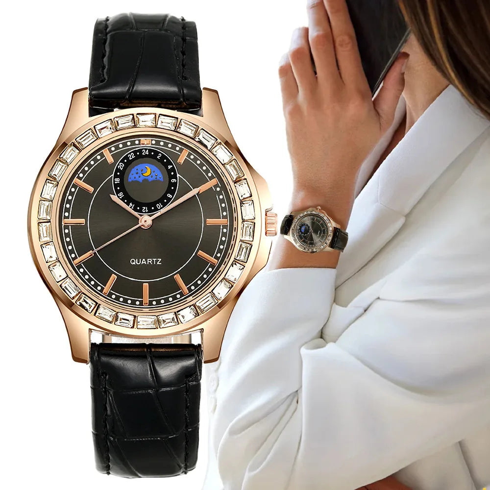 Luxury Large Dial Diamond Ladies Branded Quartz Watch Fashion 2025 Black Leather Women's Simple Dress Clock Gift Watches