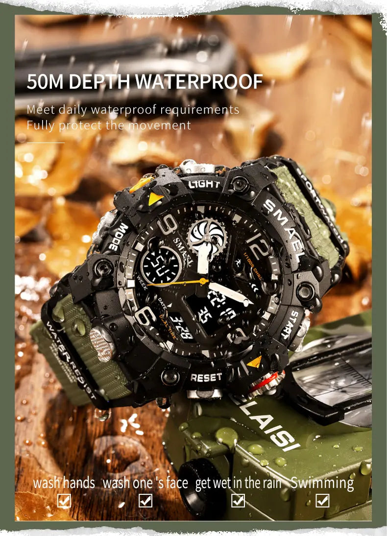 SMAEL Quartz Watch Sport 50M Waterproof Stopwatch Week Display LED Digital Alarm Clock Male 8055 Men Watches Sports Wristwatches