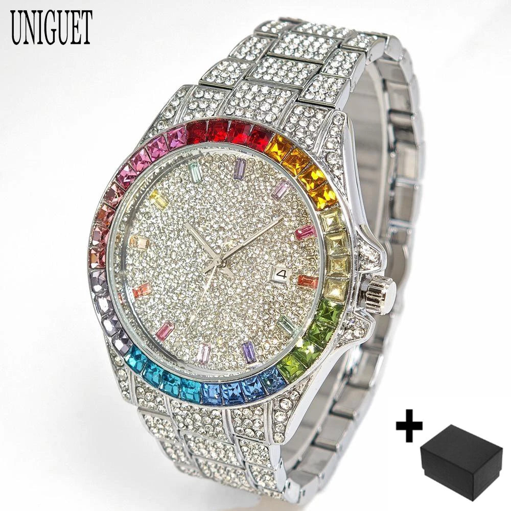 Hot Sell Fashion Gold Watch For Men Brand UNIGUET Hip Hop Rainbow Diamond shiny Jewelry Quartz Wristwatch Male Dropshipping