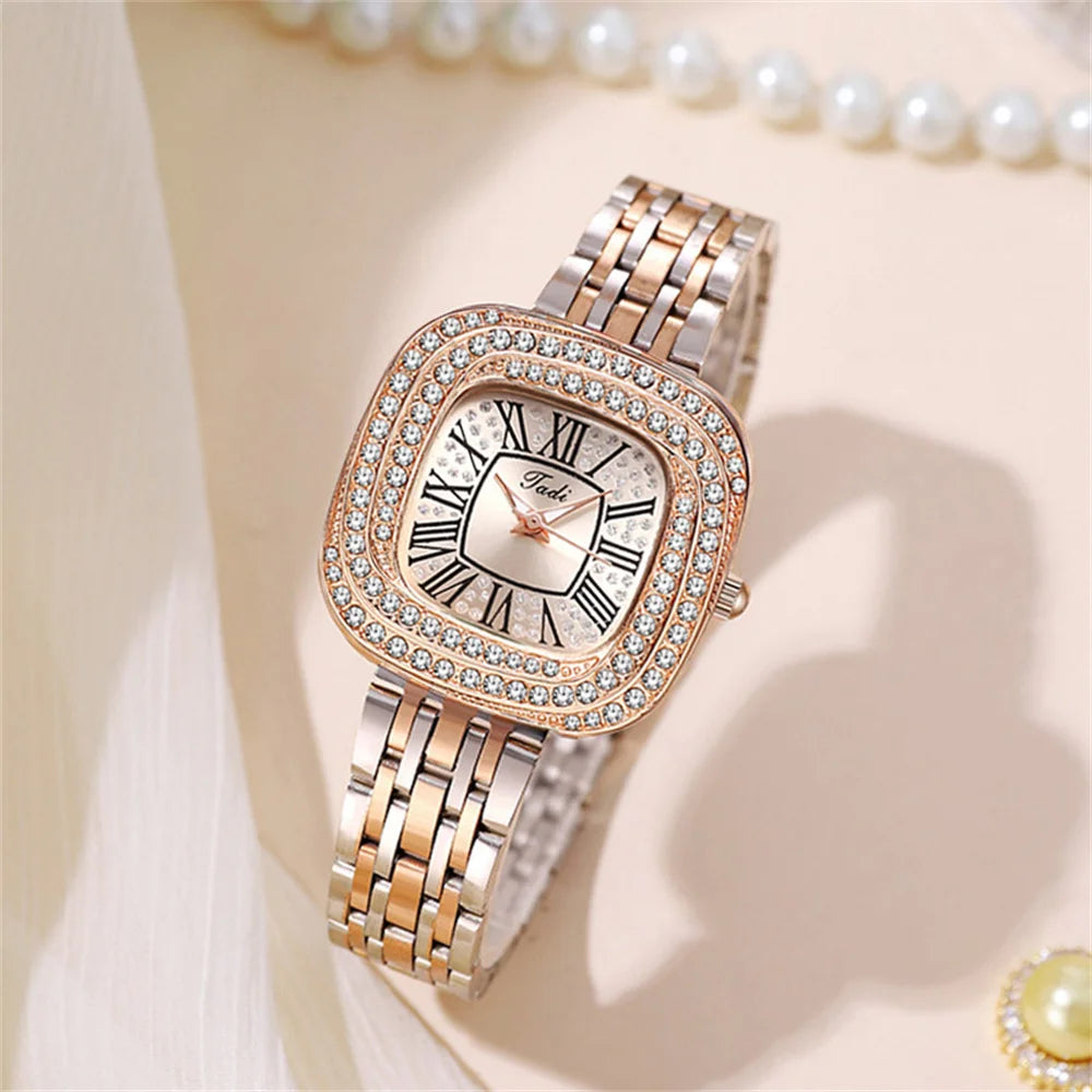 Ladies 2024 Square Roman Star Quartz Watch with Diamonds Stainless Steel Business Woman Clock Gift Wristwatch