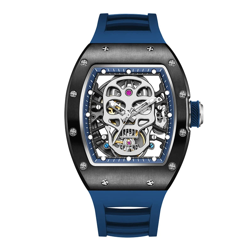 Unique Men Watch Tonneau Casual Wristwatch Soft Silicon Band Fashion Men's Wrist Watches Hollow Out Analog Automatic Watches