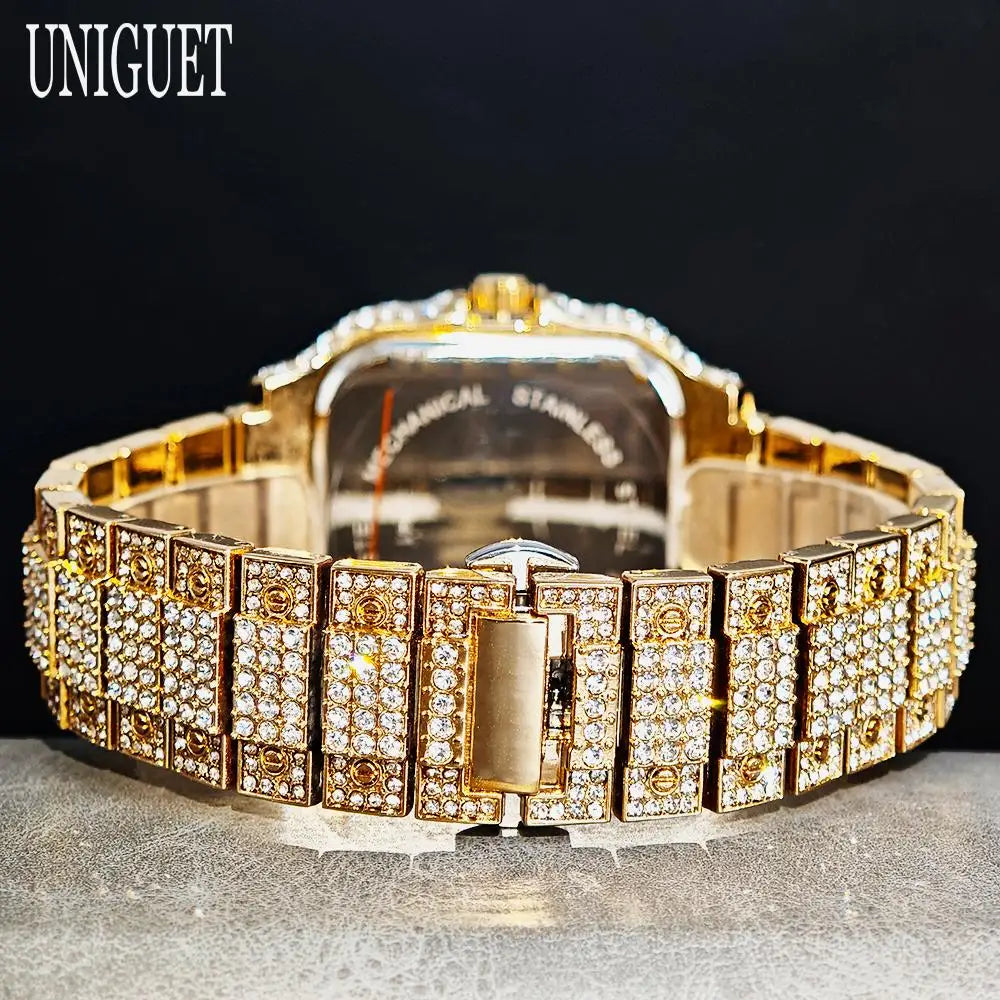 UNIGUET Hot Sale Luxury Iced Watch for Man Fashion Square Watches Men Hip Hop Diamond Bling Jewelry Wristwatch Reloj Hombre