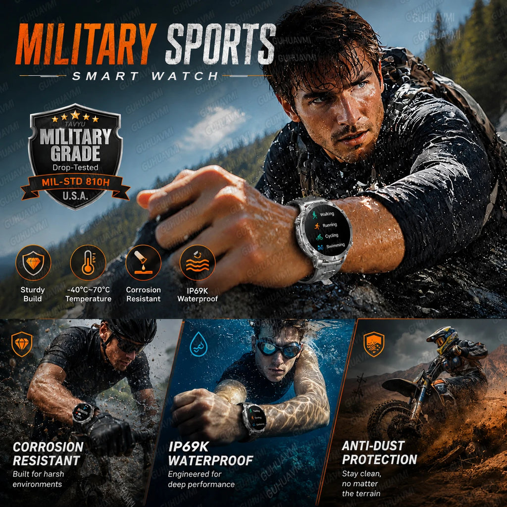 2026 New Military 1400mAh Battery Smart Watch Men Outdoor Flashlight 10ATM Waterproof Heart Rate Bluetooth Call Sports Bracelets