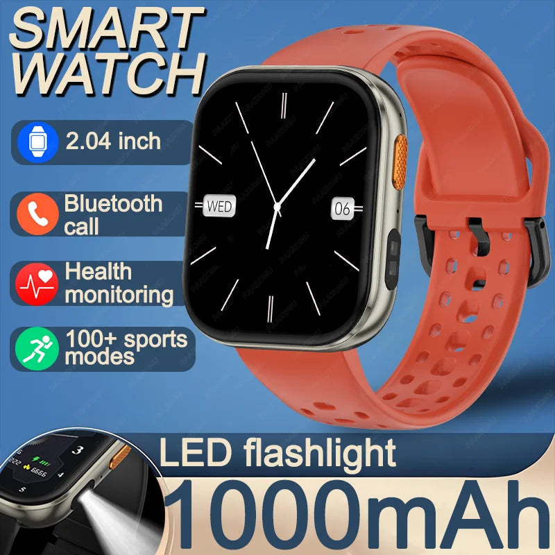 New 1000mAh Large Battery Smartwatch Men Women | 2.04"HD Screen BluetoothCall Heart Rate Monitor Flashlight Sports Fitness Watch
