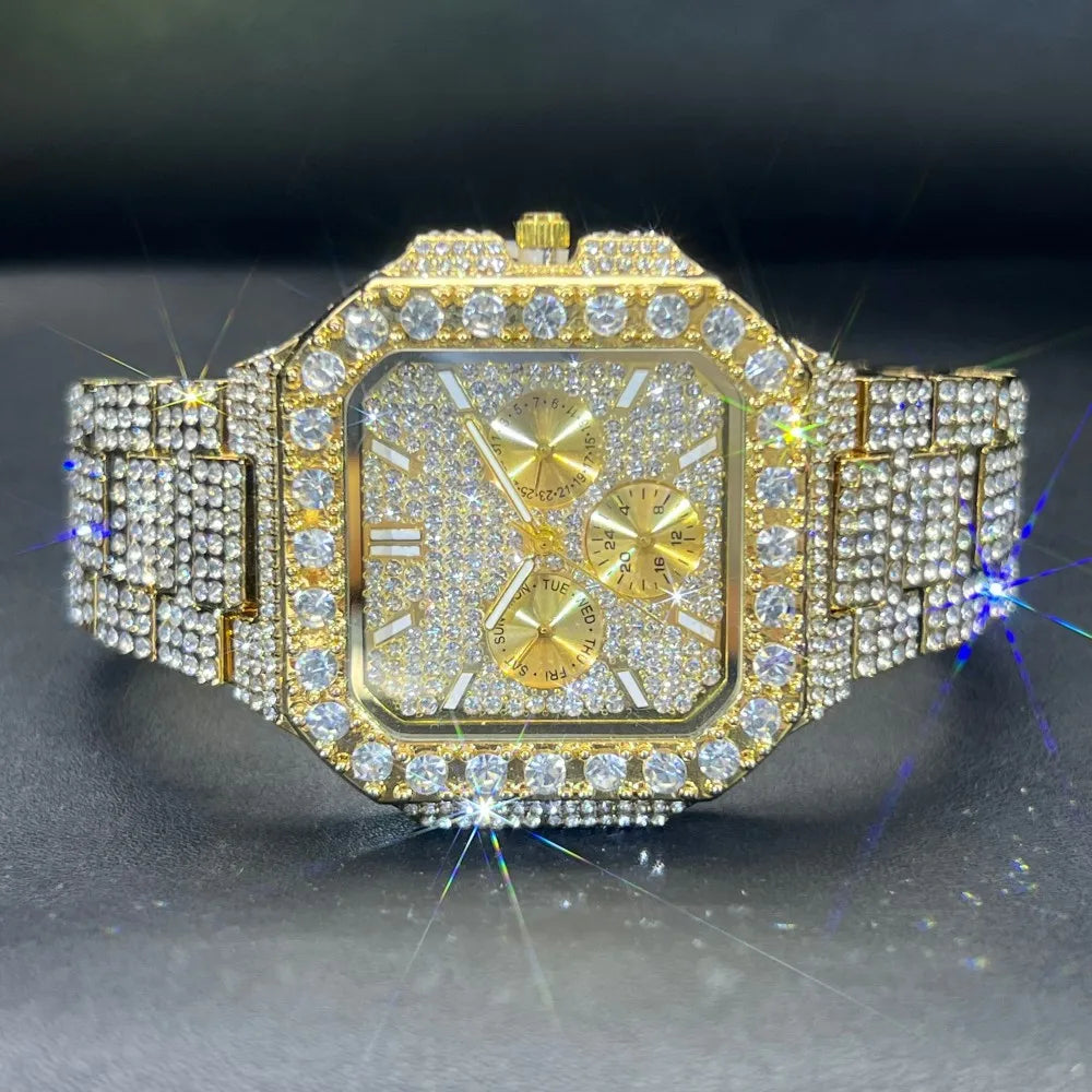 MISSFOX Luxury Diamond Watch for Men Hip Hop Style BlingBling Iced Out Wristwatch Fashion Gold Square Waterproof Clock 2025