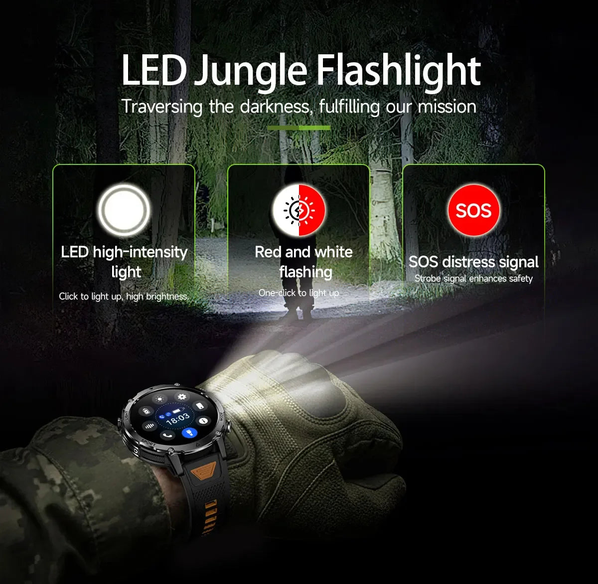 Brand+ Military 1400mAh Battery Smart Watch Men Outdoor Flashlight 10ATM Waterproof Heart Rate Bluetooth Call Sports Bracelets