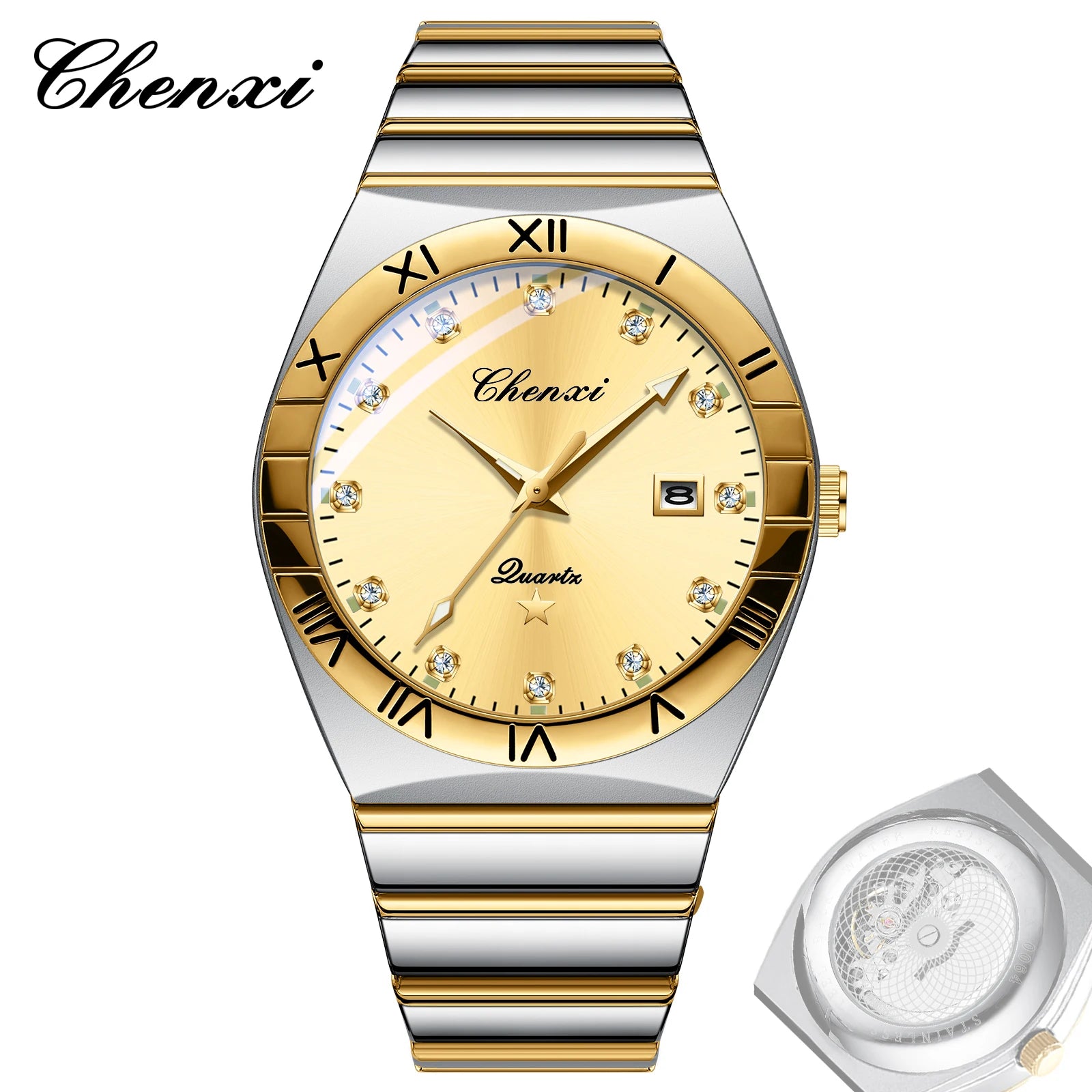 CHENXI Watches For Men Sweep Second Movement See-through Quartz, Waterproof Mens Watch Stainless Steel Golden Wristwatches