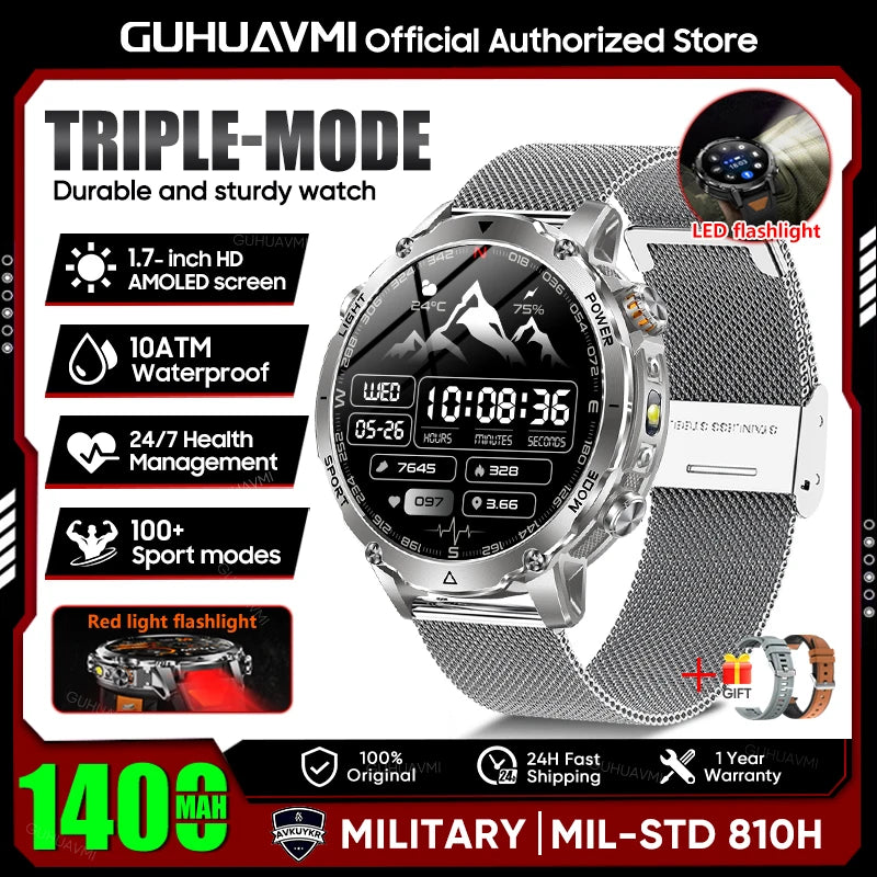 2026 New Military Smart Watch Men 1400mAh Battery 1.7-Inch AMOLED Sport GPS Track Bluetooth Call Rate Smartwatch For Android IOS