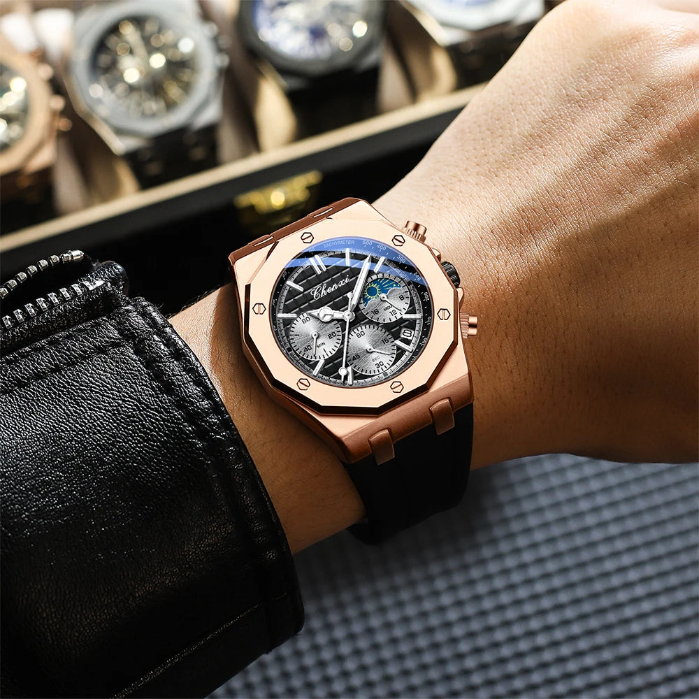 CHENXI Sports Multi-functional Silicone Man Watch Calendar Waterproof Quartz Men Watches Chronograph Moon Phase Men's Wristwatch