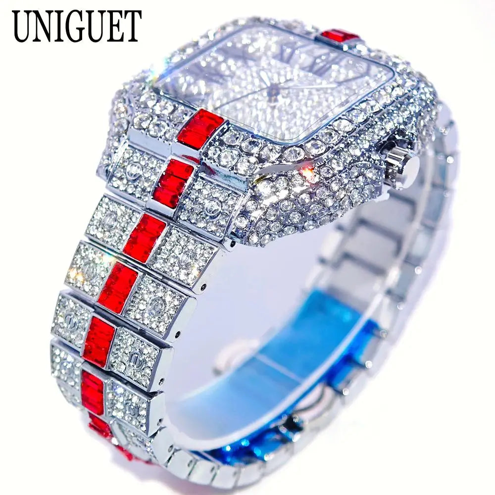 Hot Fashion Full Diamond Watch Men UNIGUET Brand Hip Hop Iced Out Bling Jewelry Square Quartz Wristwatch For Man Dropshipping
