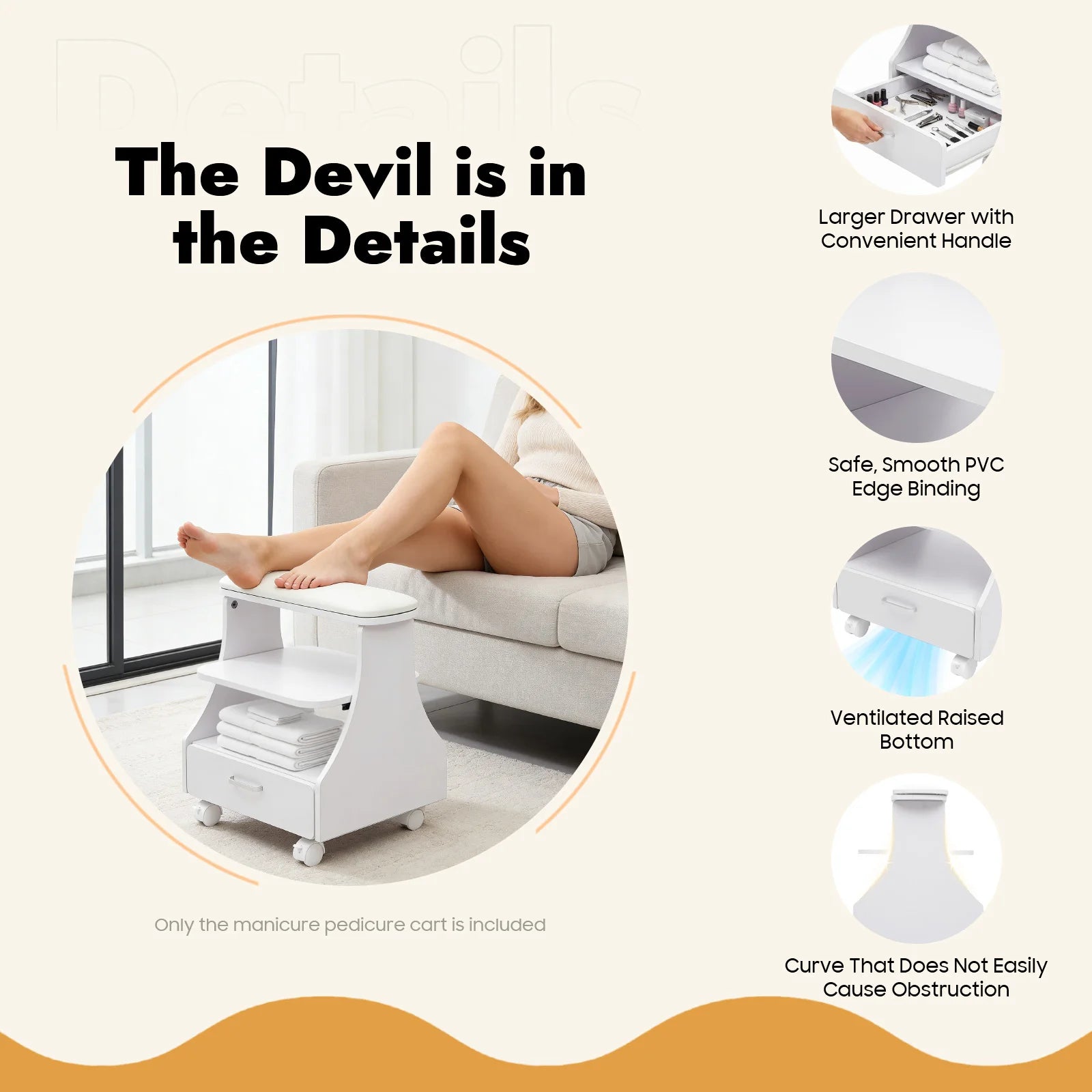 Portable Beauty Salon Foot Bath Trolley Pedicure Manicure Foot Rest with Massage Function Foot Spa Table White