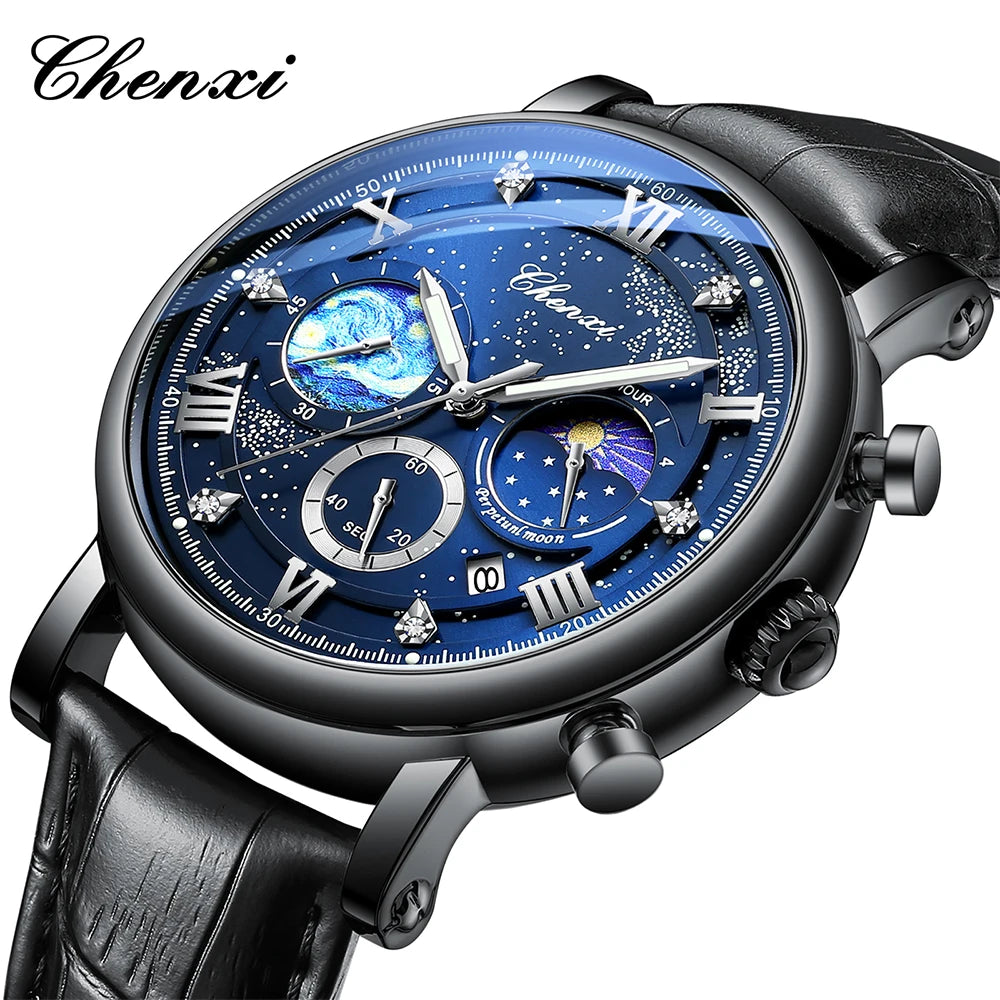 CHENXI Multi-functional Fashion Men's Watches Luminous Moon Phase Chronograph Men Wristwatches Calendar Quartz Watch For Man