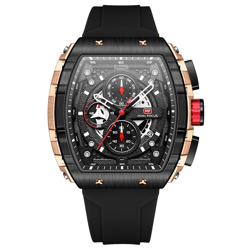 MINI FOCUS Chronograph Quartz Watches for Men Military Sport Silicone Strap Waterproof Wristwatch with Tonneau Dial Auto Date