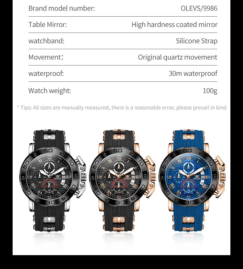 OLEVS 51mm Large Dial Quartz Watch for Men Silicone Strap Waterproof Luminous Auto Date Chrono Roman Numeral Scale Men's Watches