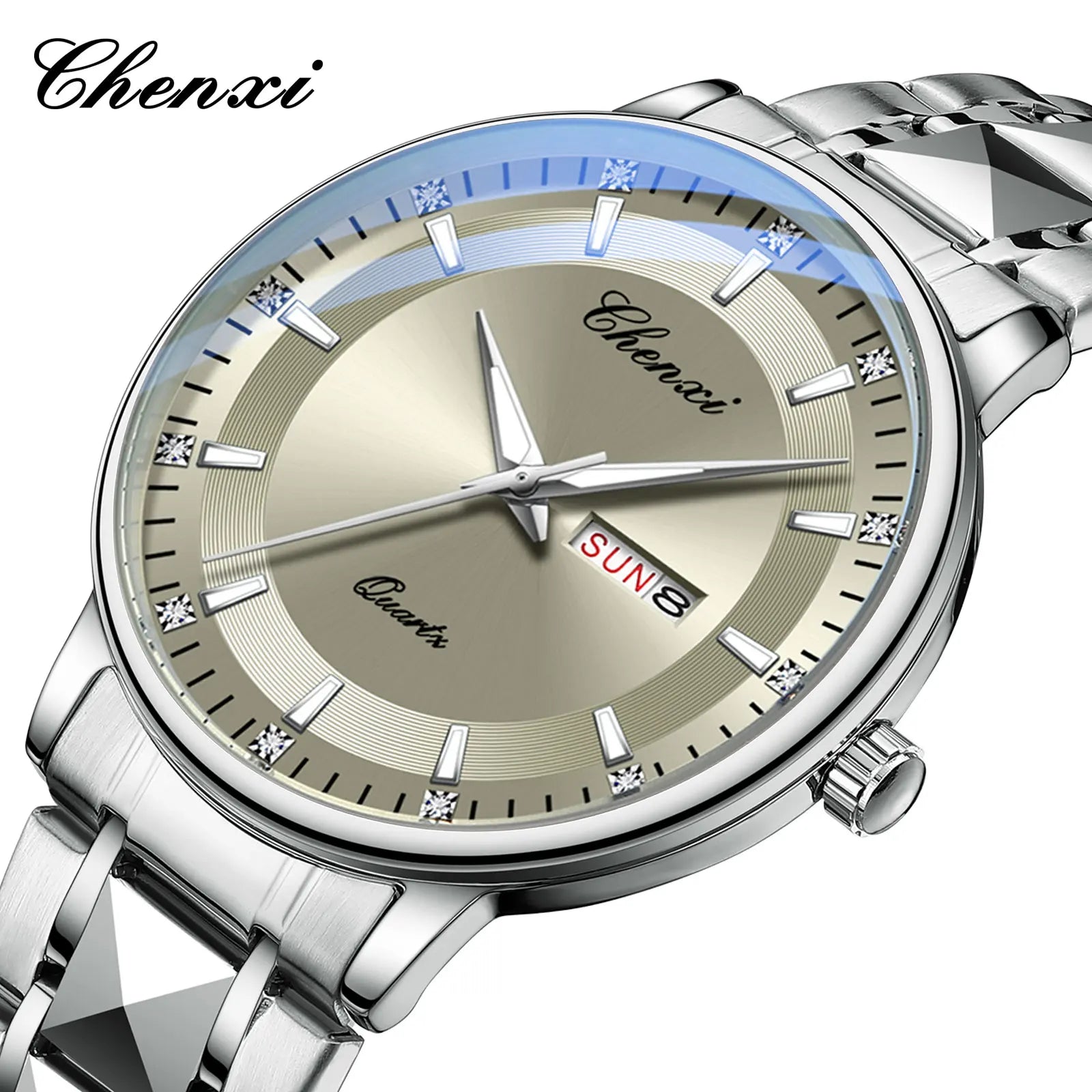CHENXI Top Brand Fashion Men's Watch Convex Mirror Waterproof Night Light Date Calendar Stainless Steel Strap Quartz Watches NEW