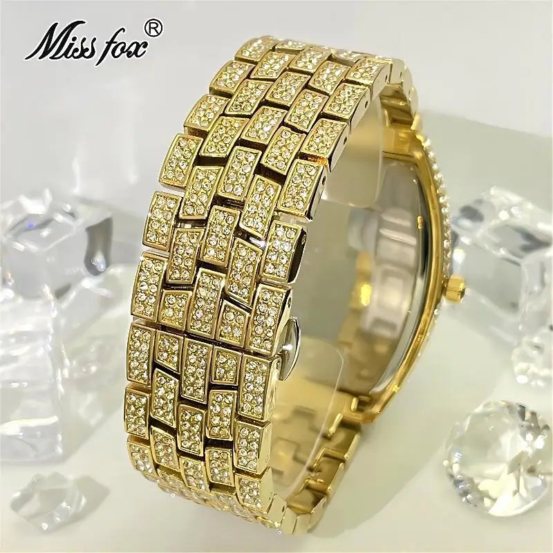 Luxury Gold Watches Men Brand MISSFOX Fashion Hip Hop lce Diamond Sun Pattern Literal Quartz Wristwatch Male Dropshipping Hot