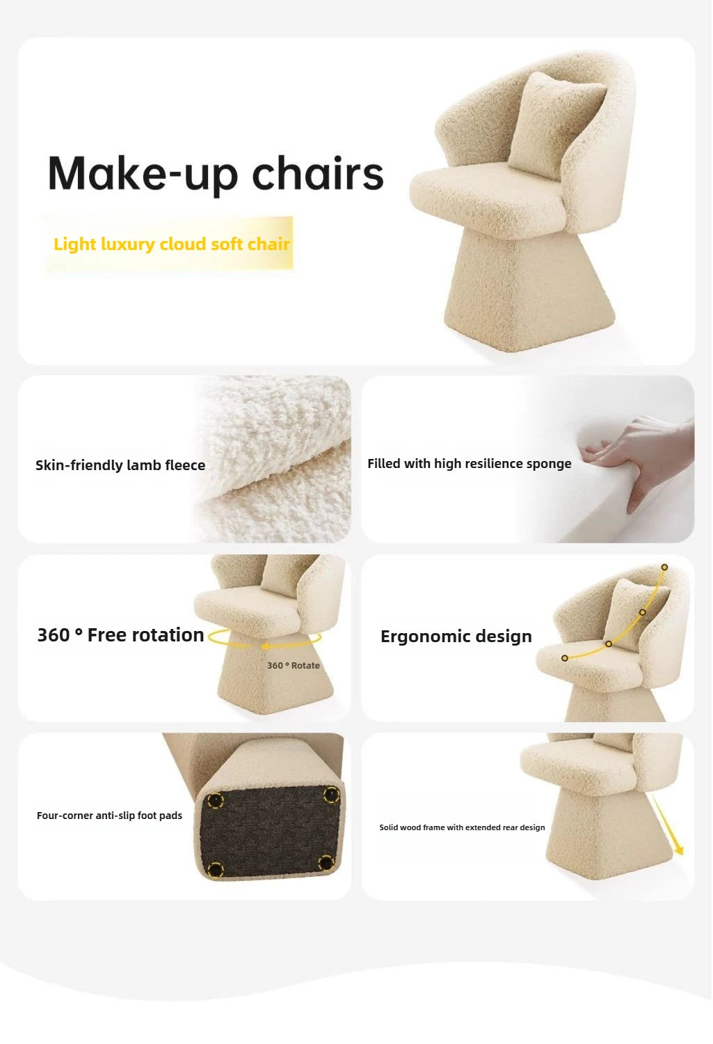 Dressing Table Chair, Rotatable Makeup Stool, Female Bedroom Princess, Light Luxury Nail Salon, Beauty Salon, Reception Chair