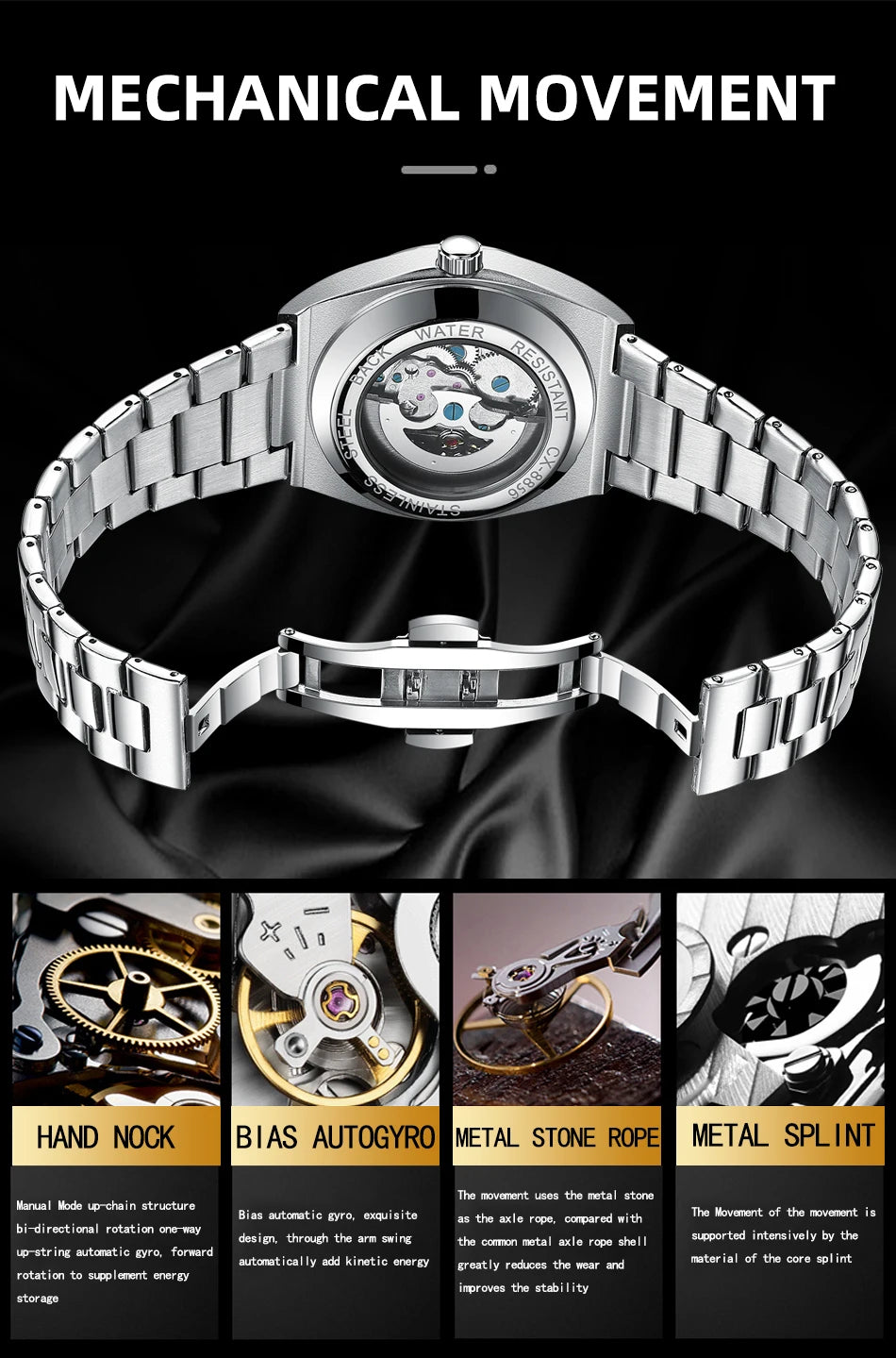 New Mens Watch Mechanical Wristwatches Stainless Steel Fashion Sports Waterproof Watches for Men Hollow Out Automatic Movement