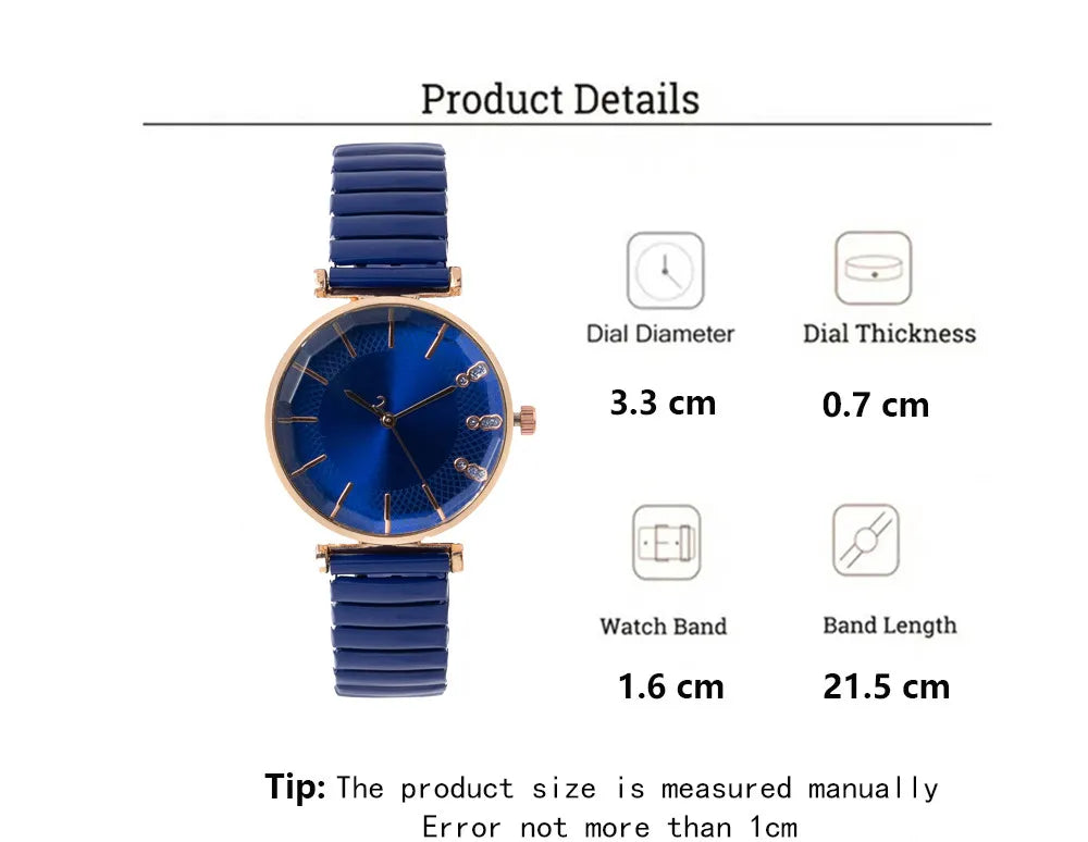 Luxury Treasure Blue Simple Crystal Ladies Quartz Watch Casual Stainless Steel Stretch Strap Fashion Women Dress Clock Watches