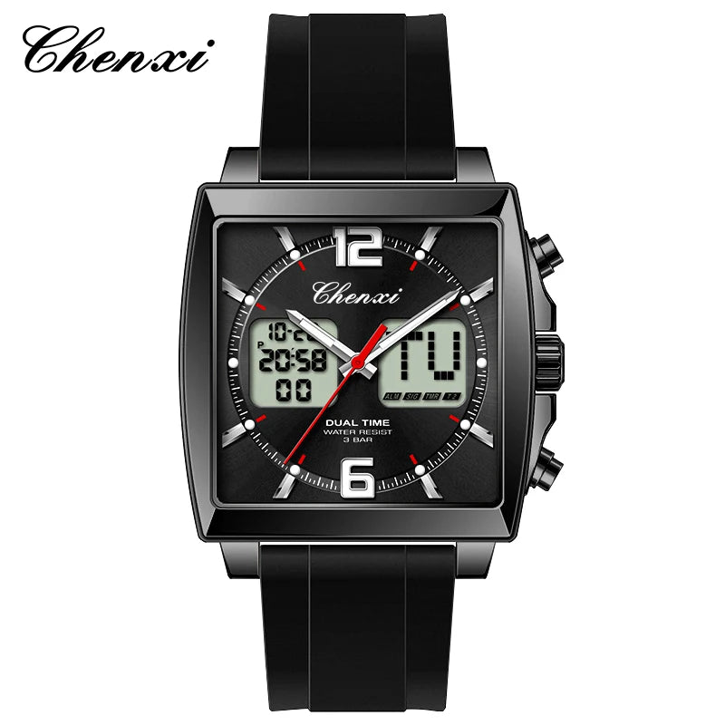 Fashion Casual Men Sports Watch Square Dial Dual Time CHENXI Watches Silicone Strap Waterproof Multifunction Wristwatch Male